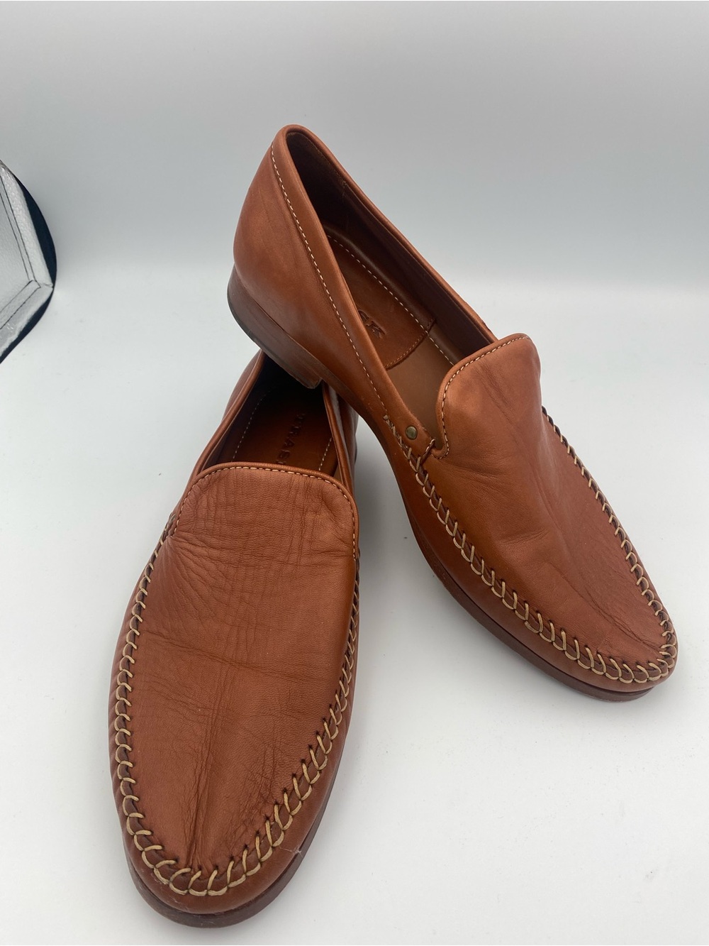 Trask Tan Leather Slip-On Loafers with Contrast Stitch